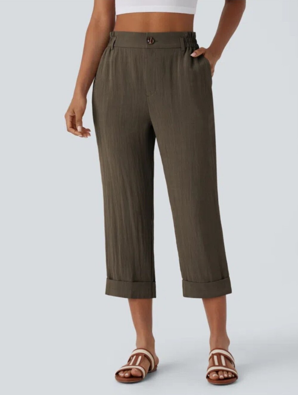 Halara High Waisted Cropped Linen-Feel Pants Capris Size Large NWT